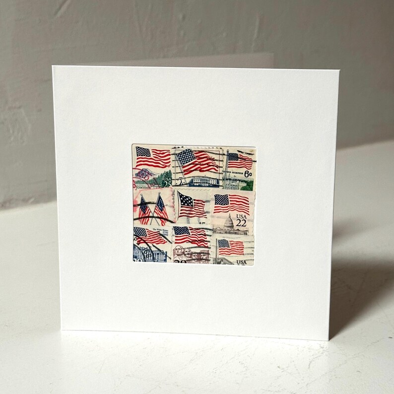 Handmade USA / AMERICA Greeting Card. Crafted with vintage USA postage stamps. American flag theme (with white card stock). Blank inside. Perfect for any occasion such as 4th of July, Independence Day, Veteran's Day, memorial day, Labor Day, Happy Birthday, Thank you, Congratulations, and more!
