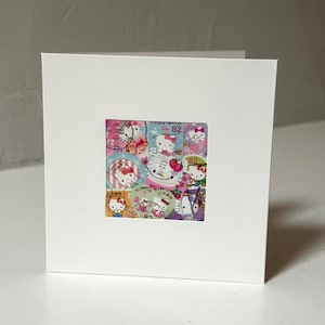 Handgemachte Hello Kitty Grußkarte - Mit authentischen Briefmarken gefertigt - Innen leer - Perfekt für jeden Anlass