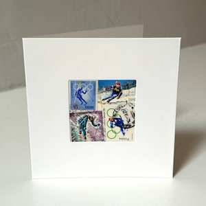 Carte de voeux SKI faite main - Fabriquée avec des timbres-poste authentiques - Vierge à l'intérieur - Parfaite pour toutes les occasions !