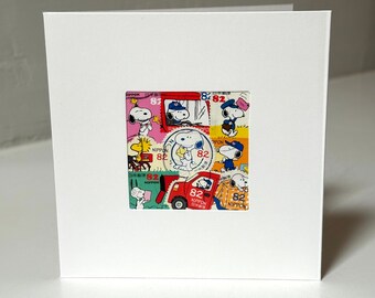 Handmade Snoopy / Charlie Brown / Woodstock Greeting Card - Crafted with authentic postage stamps - Blank Inside - Perfect for any occasion