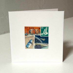 Handmade ASTRONAUT / SPACE Greeting Card - Crafted with authentic postage stamps - Blank Inside - Perfect for any occasion