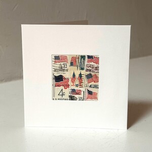 Handmade USA / AMERICA Greeting Card. Crafted with vintage USA postage stamps. American flag theme (with white card stock). Blank inside. Perfect for any occasion such as 4th of July, Independence Day, Veteran's Day, memorial day, Labor Day, Happy Birthday, Thank you, Congratulations, and more!
