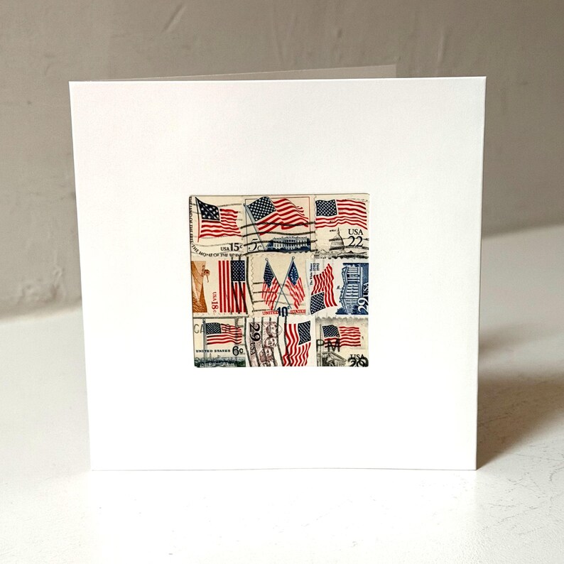 Handmade USA / AMERICA Greeting Card. Crafted with vintage USA postage stamps. American flag theme (with white card stock). Blank inside. Perfect for any occasion such as 4th of July, Independence Day, Veteran's Day, memorial day, Labor Day, Happy Birthday, Thank you, Congratulations, and more!
