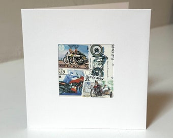 Handmade Motorcycle Greeting Card - Made with vintage worldwide postage stamps - Blank inside - Perfect for any occasion!