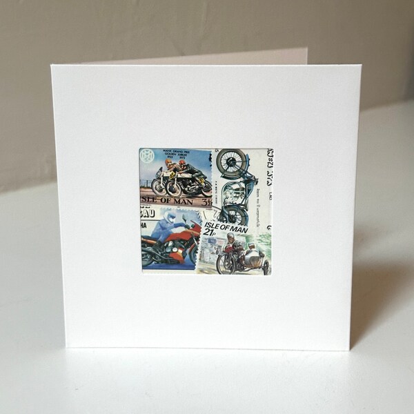 Handmade Motorcycle Greeting Card - Made with vintage worldwide postage stamps - Blank inside - Perfect for any occasion!