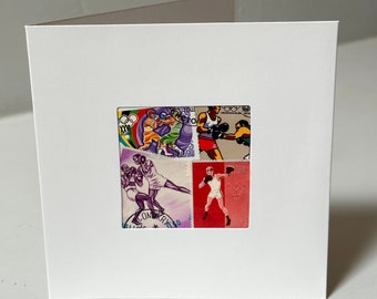 Handgemaakte bokswenskaart - Gemaakt met authentieke postzegels - Blanco binnenkant - Perfect voor elke gelegenheid