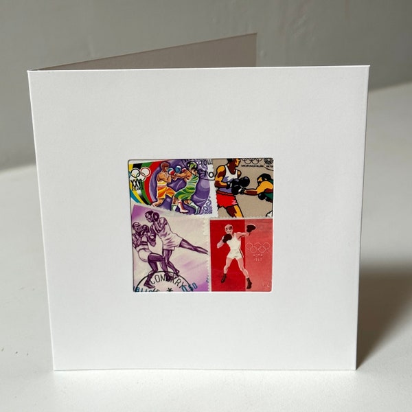 Carte de voeux de boxe faite main - Fabriquée avec des timbres-poste authentiques - Vierge à l'intérieur - Parfaite pour toutes les occasions