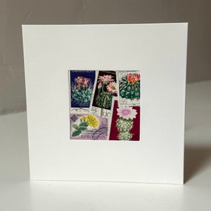 Carte de voeux CACTUS / CACTI faite main - Vierge à l'intérieur - Fabriquée avec des timbres-poste vintage - Vierge à l'intérieur.