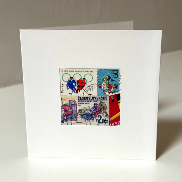 Handmade Hockey / ICE HOCKEY Greeting Card - Made with authentic postage stamps - Blank Inside - Perfect for any occasion