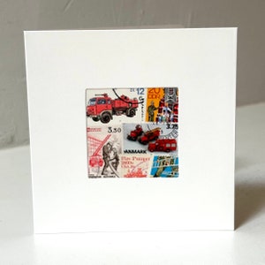 Handmade FIREMAN / FIREFIGHTER Greeting Card - Crafted with vintage postage Stamps - Blank Inside - Birthday, Thank You, Congratulations