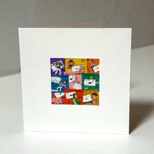 May include: A white card featuring a colourful collage of Toy Story characters on postage stamps. The characters include Woody, Buzz Lightyear, Jessie, Mr. Potato Head, Rex, and Hamm. The stamps are arranged in a grid pattern and are surrounded by a white border.