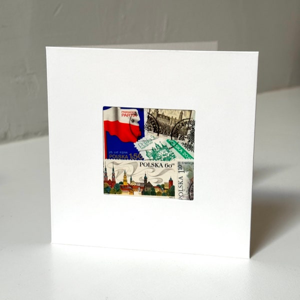 Handmade Poland / Polska / Polish Greeting Card - Made with authentic postage stamps - Blank Inside - Perfect for any occasion