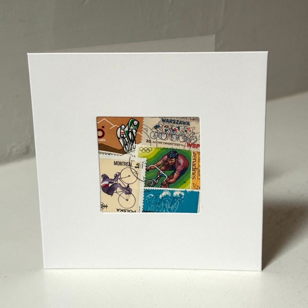 Handmade Cycling / Cyclist / Biking Greeting Card - Made with authentic postage stamps - Blank Inside - Perfect for any occasion