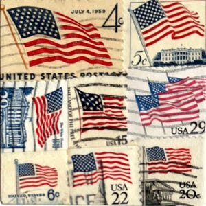 Handmade USA / AMERICA Greeting Card. Crafted with vintage USA postage stamps. American flag theme (with white card stock). Blank inside. Perfect for any occasion such as 4th of July, Independence Day, Veteran's Day, memorial day, Labor Day, Happy Birthday, Thank you, Congratulations, and more!