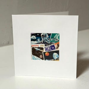 Handmade ASTRONAUT / SPACE Greeting Card - Crafted with authentic postage stamps - Blank Inside - Perfect for any occasion