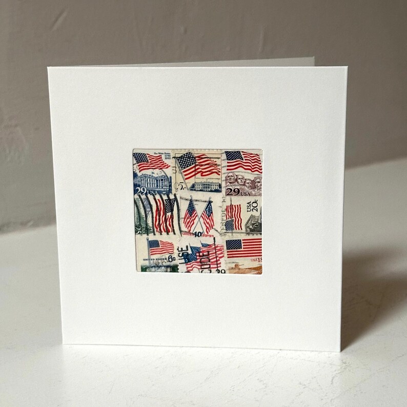 Handmade USA / AMERICA Greeting Card. Crafted with vintage USA postage stamps. American flag theme (with white card stock). Blank inside. Perfect for any occasion such as 4th of July, Independence Day, Veteran's Day, memorial day, Labor Day, Happy Birthday, Thank you, Congratulations, and more!