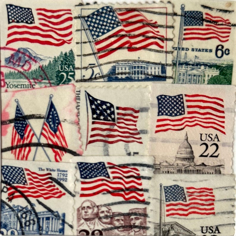 Handmade USA / AMERICA Greeting Card. Crafted with vintage USA postage stamps. American flag theme (with white card stock). Blank inside. Perfect for any occasion such as 4th of July, Independence Day, Veteran's Day, memorial day, Labor Day, Happy Birthday, Thank you, Congratulations, and more!