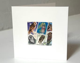 Handmade Owls Greeting Card - Made with vintage worldwide postage stamps - Blank inside - Perfect for Birthday, Anniversary + more