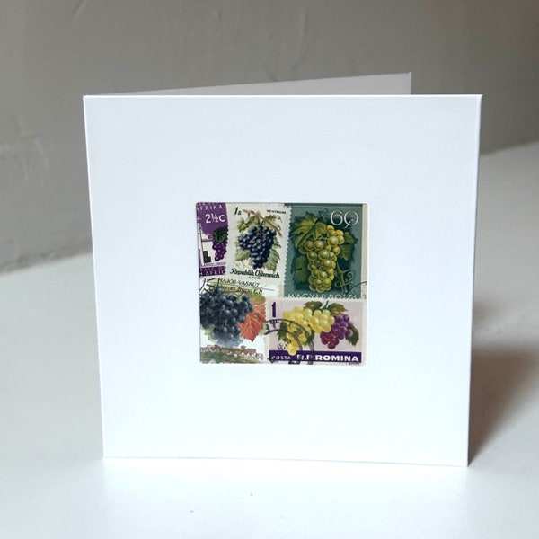 Handmade VINEYARDS / WINE / FRUIT Greeting Card - Blank inside - Crafted with vintage postage stamps - Blank inside.