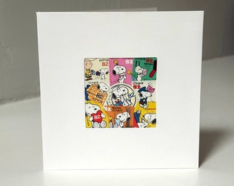 Handgefertigte Snoopy/Charlie Brown/Woodstock-Grußkarte – gefertigt mit authentischen Briefmarken – innen leer – perfekt für jeden Anlass