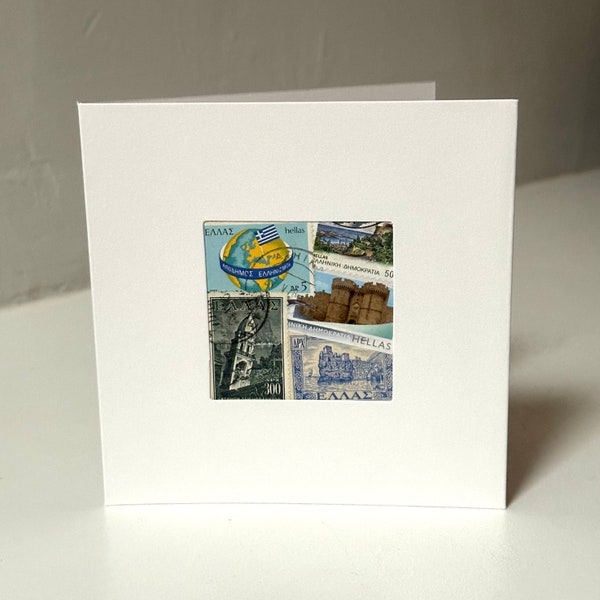 Handmade Greece / Hellas / Greek Greeting Card - Made with authentic postage stamps - Blank Inside - Perfect for any occasion