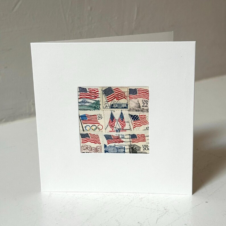 Handmade USA / AMERICA Greeting Card. Crafted with vintage USA postage stamps. American flag theme (with white card stock). Blank inside. Perfect for any occasion such as 4th of July, Independence Day, Veteran's Day, memorial day, Labor Day, Happy Birthday, Thank you, Congratulations, and more!