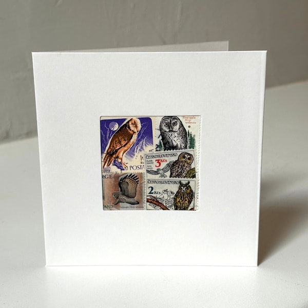 Handmade Owls Greeting Card - Made with vintage worldwide postage stamps - Blank inside - Perfect for Birthday, Anniversary + more