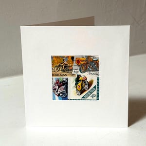 Handgemachte Motorrad Grußkarte - Hergestellt mit Vintage weltweite Briefmarken - Innen leer - Perfekt für jeden Anlass!
