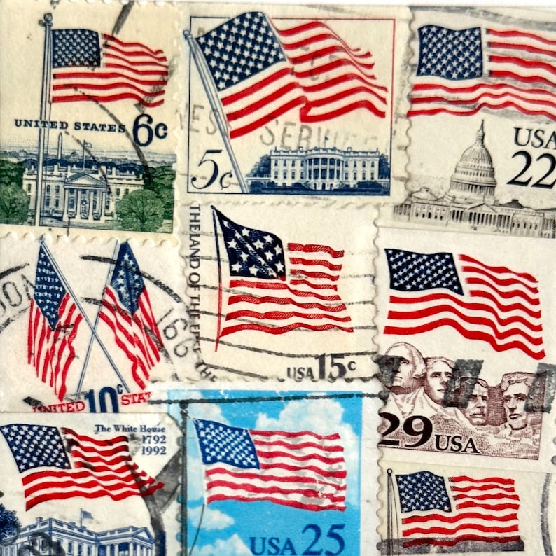 Handmade USA / AMERICA Greeting Card. Crafted with vintage USA postage stamps. American flag theme (with white card stock). Blank inside. Perfect for any occasion such as 4th of July, Independence Day, Veteran's Day, memorial day, Labor Day, Happy Birthday, Thank you, Congratulations, and more!