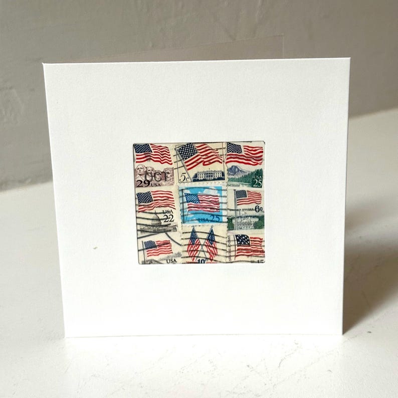 Handmade USA / AMERICA Greeting Card. Crafted with vintage USA postage stamps. American flag theme (with white card stock). Blank inside. Perfect for any occasion such as 4th of July, Independence Day, Veteran's Day, memorial day, Labor Day, Happy Birthday, Thank you, Congratulations, and more!