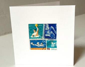 Carte de voeux WATER-POLO faite main - Fabriquée avec des timbres-poste authentiques - Vierge à l'intérieur - Parfaite pour toutes les occasions
