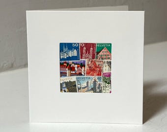 Handmade Switzerland / Swiss / Helvetia / Suisse Greeting Card - Made with vintage postage stamps - Blank Inside - Perfect for any occasion!