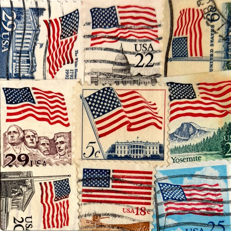 Handmade USA / AMERICA Greeting Card. Crafted with vintage USA postage stamps. American flag theme (with white card stock). Blank inside. Perfect for any occasion such as 4th of July, Independence Day, Veteran's Day, memorial day, Labor Day, Happy Birthday, Thank you, Congratulations, and more!