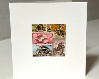 Handmade Motorcycle Greeting Card - Made with vintage worldwide postage stamps - Blank inside - Perfect for any occasion!