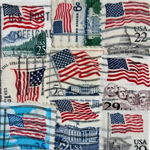 Handmade USA / AMERICA Greeting Card. Crafted with vintage USA postage stamps. American flag theme (with white card stock). Blank inside. Perfect for any occasion such as 4th of July, Independence Day, Veteran's Day, memorial day, Labor Day, Happy Birthday, Thank you, Congratulations, and more!