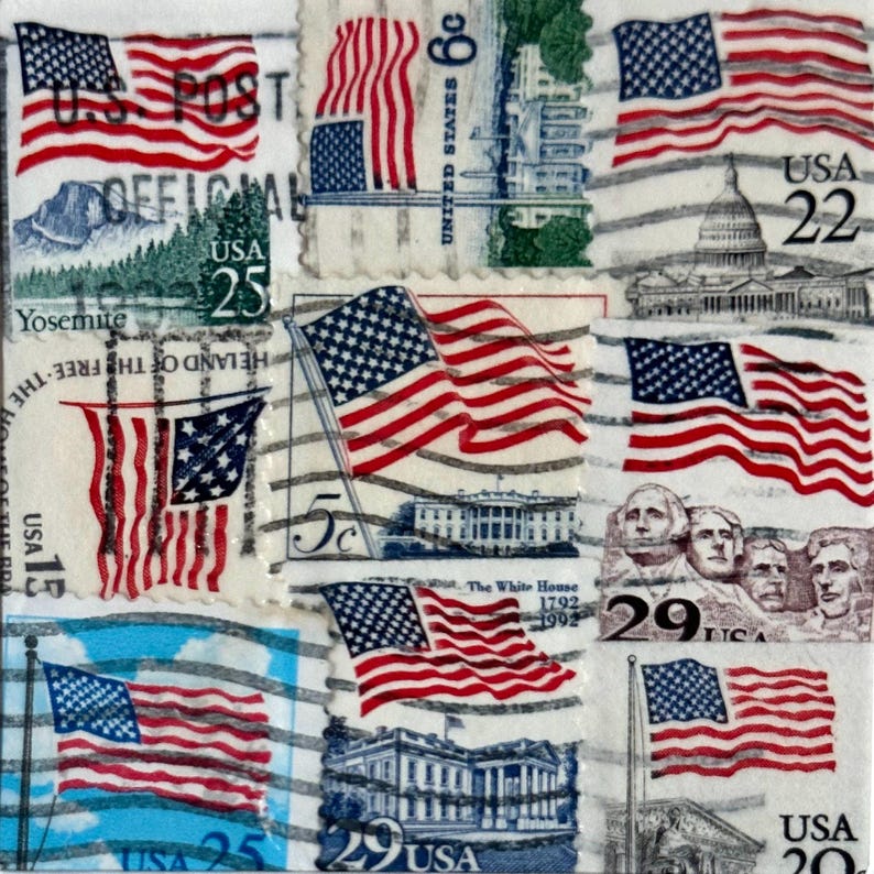 Handmade USA / AMERICA Greeting Card. Crafted with vintage USA postage stamps. American flag theme (with white card stock). Blank inside. Perfect for any occasion such as 4th of July, Independence Day, Veteran's Day, memorial day, Labor Day, Happy Birthday, Thank you, Congratulations, and more!