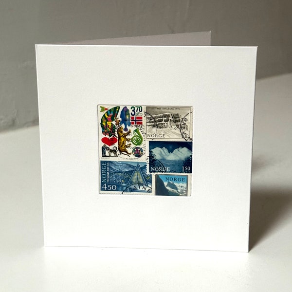 Handgefertigte NORWEGEN/NORGE-Grußkarte – hergestellt mit authentischen Briefmarken – innen leer – perfekt für jeden Anlass