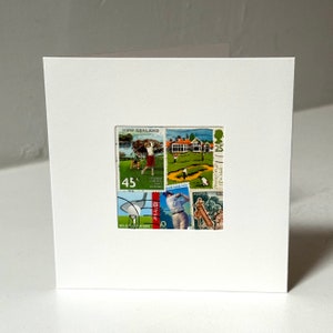 Handgemachte GOLF / GOLFING Grußkarte - Hergestellt mit authentischen Briefmarken - Innen leer - Perfekt für jeden Anlass