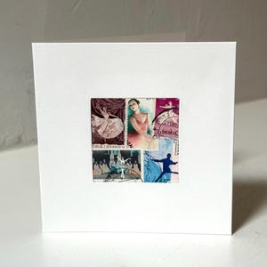 Carte de voeux BALLERINE / BALLET faite main - Fabriquée avec des timbres-poste authentiques - Vierge à l'intérieur - Parfaite pour toutes les occasions !