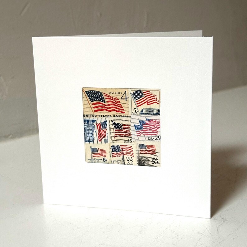 Handmade USA / AMERICA Greeting Card. Crafted with vintage USA postage stamps. American flag theme (with white card stock). Blank inside. Perfect for any occasion such as 4th of July, Independence Day, Veteran's Day, memorial day, Labor Day, Happy Birthday, Thank you, Congratulations, and more!