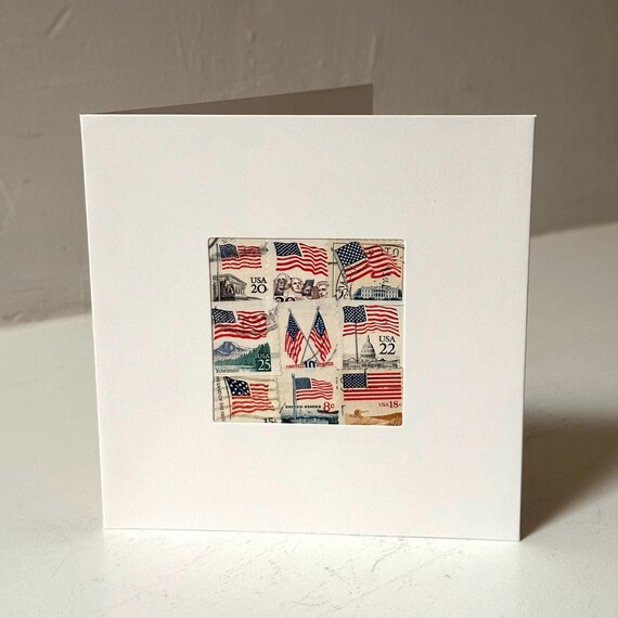 Handmade USA / America Greeting Card - Made with authentic USA vintage postage stamps - Blank inside - Birthday, Thank you, Congratulations
