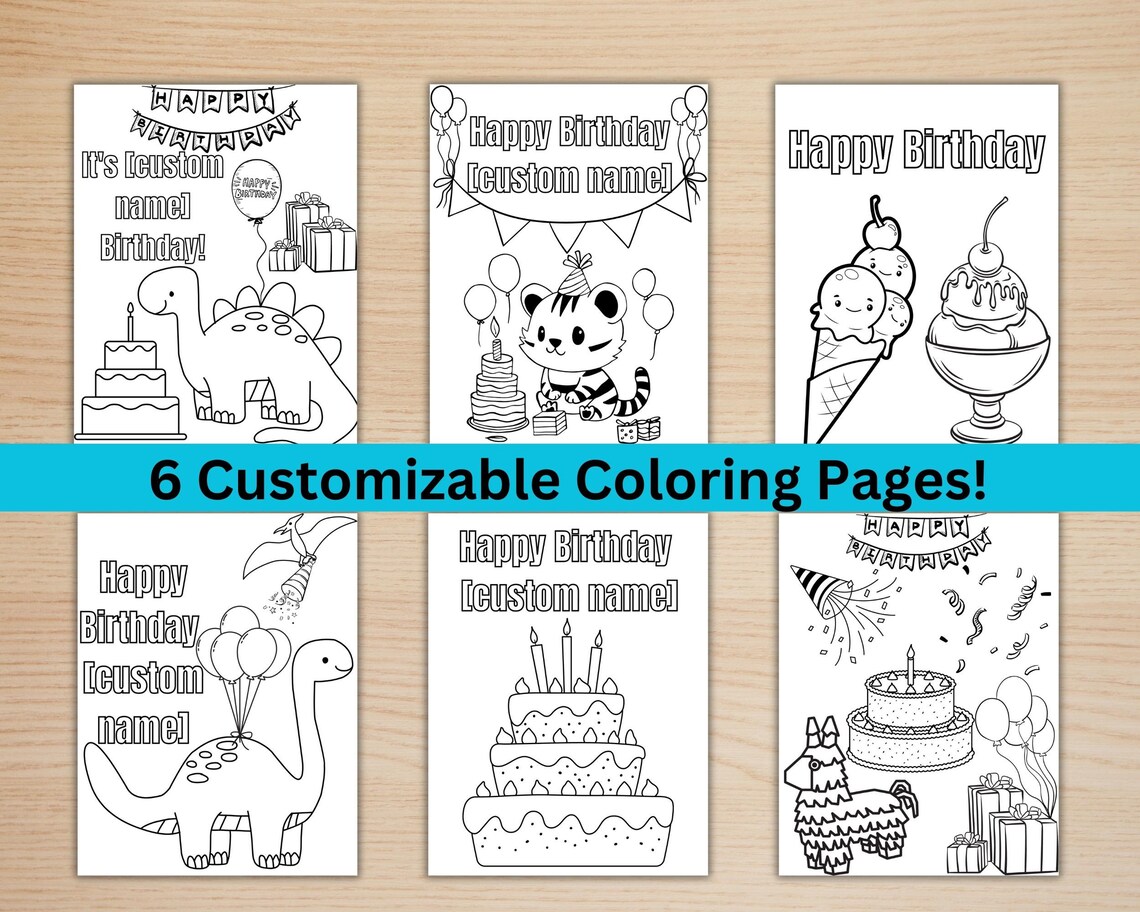 Happy Birthday Coloring PRINTABLE Kids, Birthday Pages 6 Pack, Coloring ...