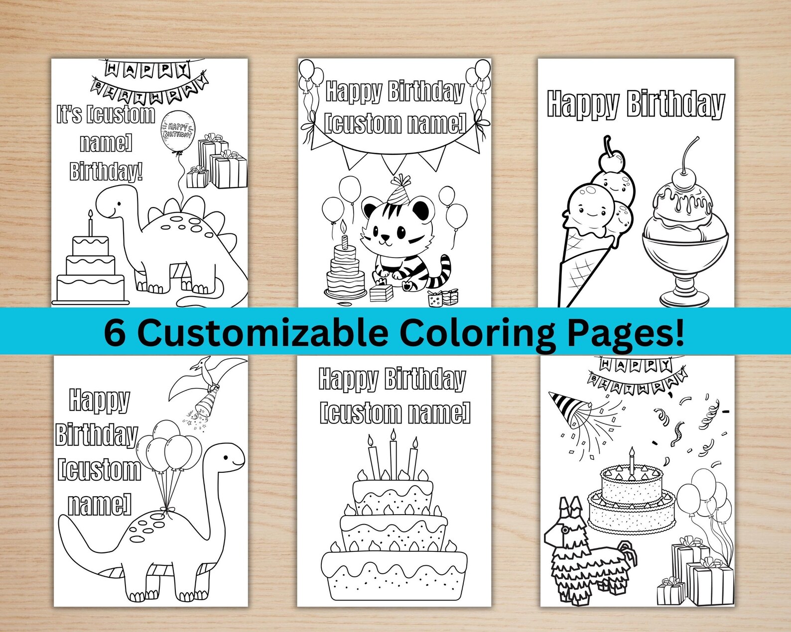 Happy Birthday Coloring PRINTABLE Kids, Birthday Pages 6 Pack, Coloring ...