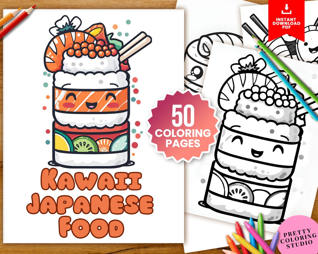 Kawaii Japanese Food Coloring Book, 50 Pages of Cute Aesthetic Designs ...