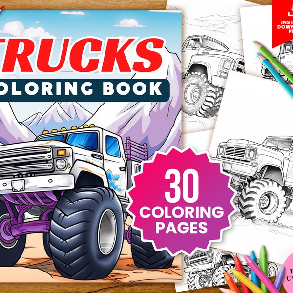 Printable Monster Truck Coloring Book for Kids and Adults - Digital Download Coloring E-Book with Printable Sheets,  Fun Activities for Kids