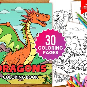 Dragon Coloring Book - Fantasy DIY Digital Download with Flowers & Dragons, DnD Coloring Pages for Kids, PDF Sheets, and Digital Prints