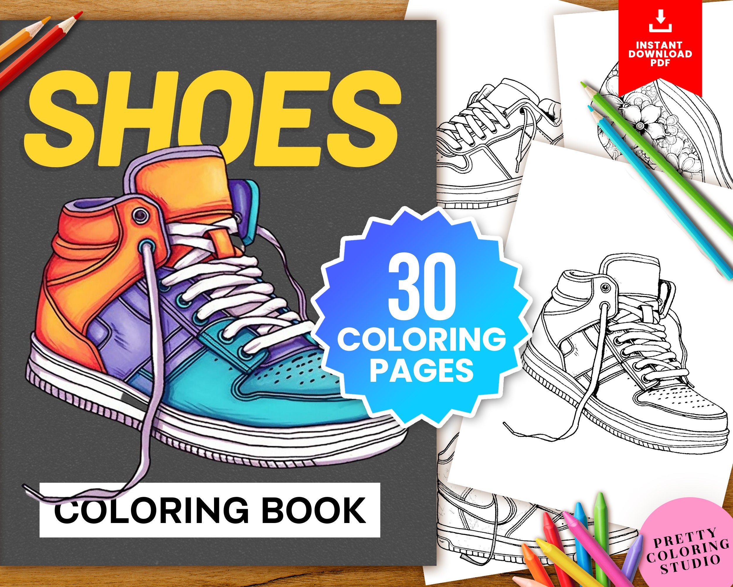 Shoes Coloring Book Printable Download Relaxing Coloring Activity Cute ...