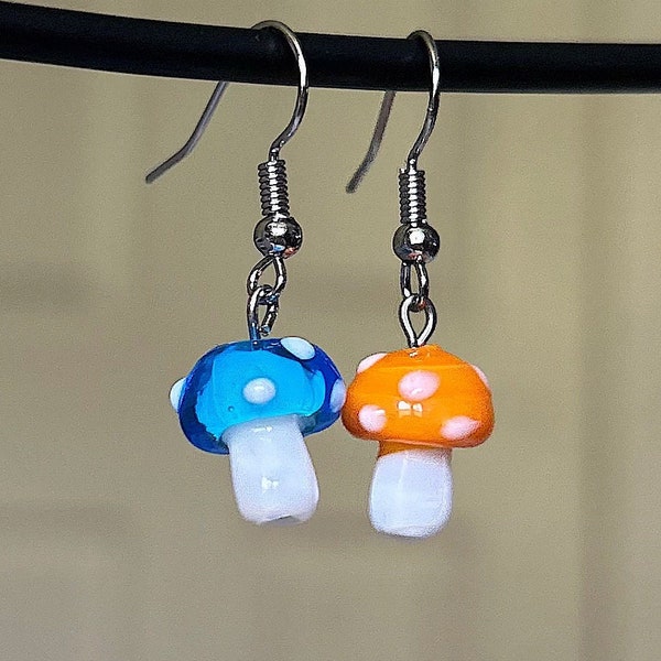 Mushroom Toadstool Colorful Earrings Cottagecore Fantasy Earrings Set Glass Nickel Free Light Blue and Orange