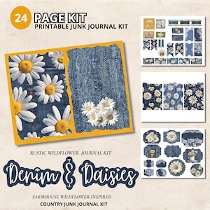 May include: A printable junk journal kit with a denim and daisy theme. The kit includes 24 pages with daisy and denim designs, along with additional decorative elements. The text reads "Denim & Daisies" and "Rustic Wildflower Journal Kit".