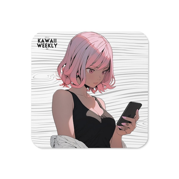 Hit Me Up - Texting Anime Girl Cork-back Coaster | Kawaii cute coaster for mugs and drinks, manga and anime themed coaster